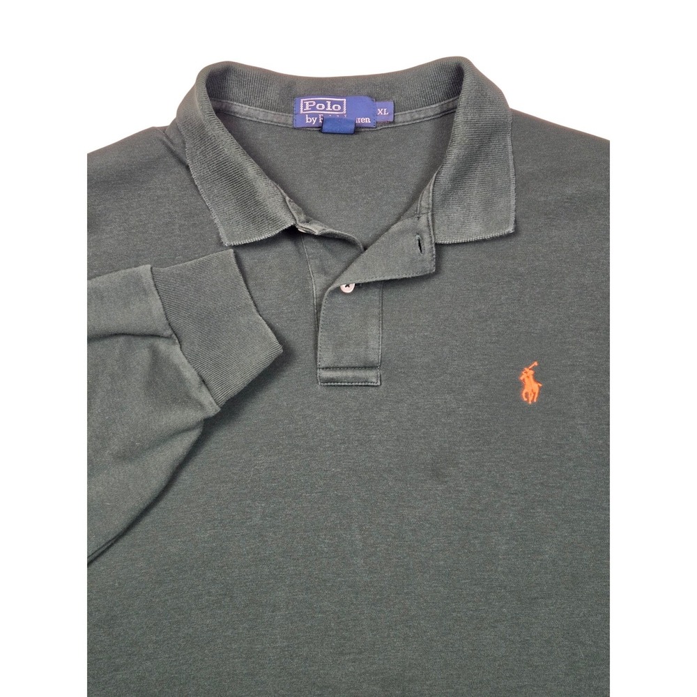 Polo Ralph Lauren Mens Long Sleeve‎ Polo Shirt Green Orange Pony Logo Size XL